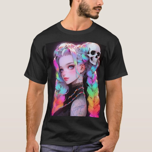 Niedlich Punk Rock Skull Goth Rainbow Braid Anime  T-Shirt (Vorderseite)