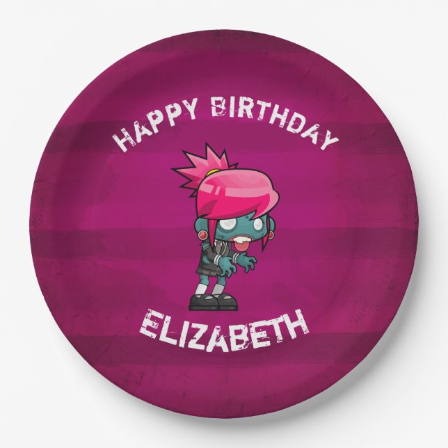 Niedlich Punk Rock Zombie Girl Happy Birthday Pappteller (Vorderseite)
