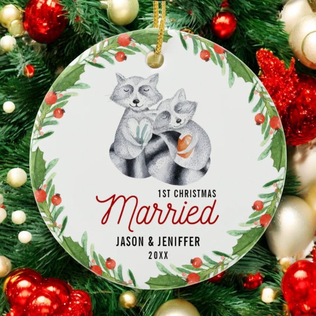 Niedlich Raccoon Erste Weihnachten Verheiratet Neu Keramik Ornament (Von Creator hochgeladen)