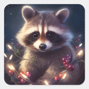Niedlich Raccoon Frohe Weihnachtsbeleuchtung Quadratischer Aufkleber
