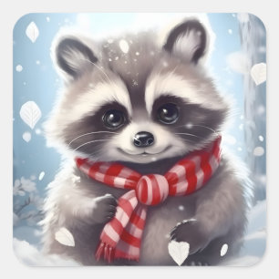 Niedlich Raccoon Knitter Scarf Quadratischer Aufkleber