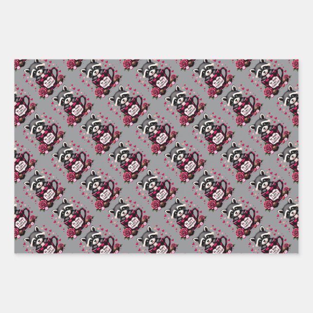 Niedlich Raccoon Valentine Buffalo Kariert Ästheti Geschenkpapier Set (Vorderseite)