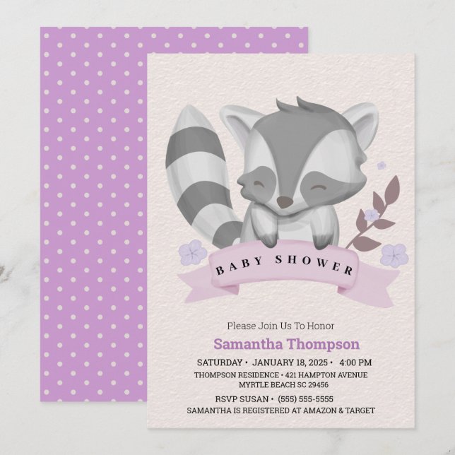 Niedlich Racoon Girls Lila Baby Dusche Einladung (Vorne/Hinten)