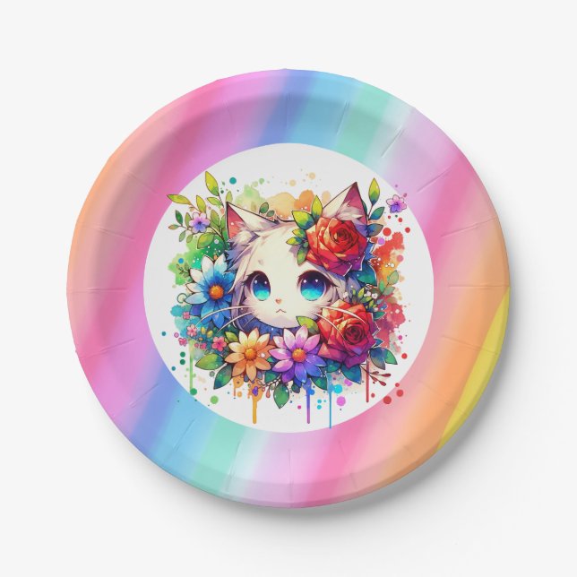 Niedlich Rainbow Anime Cat Birthday Cake Personali Pappteller (Vorderseite)