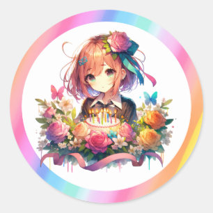 Niedlich Rainbow Anime Girl Birthday Cake Runder Aufkleber