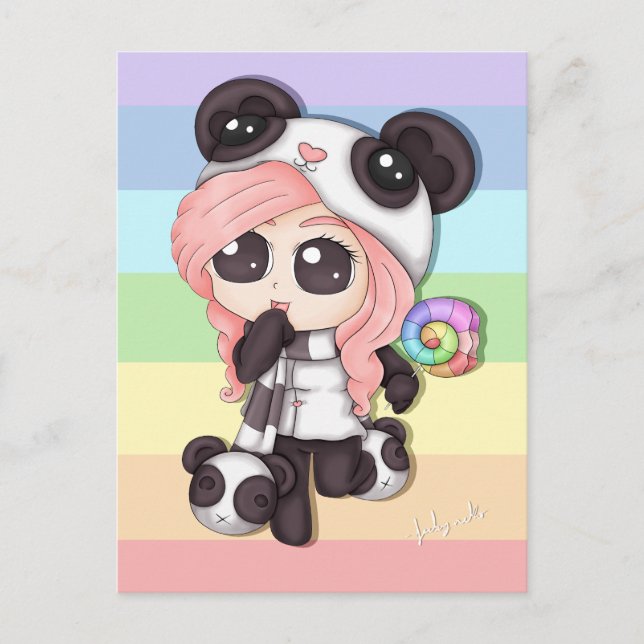 Niedlich Rainbow Anime Panda Girl Postkarte (Vorderseite)