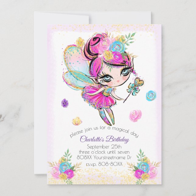 Niedlich Rainbow Glitzer Pixie Fairy Einladung (Vorderseite)