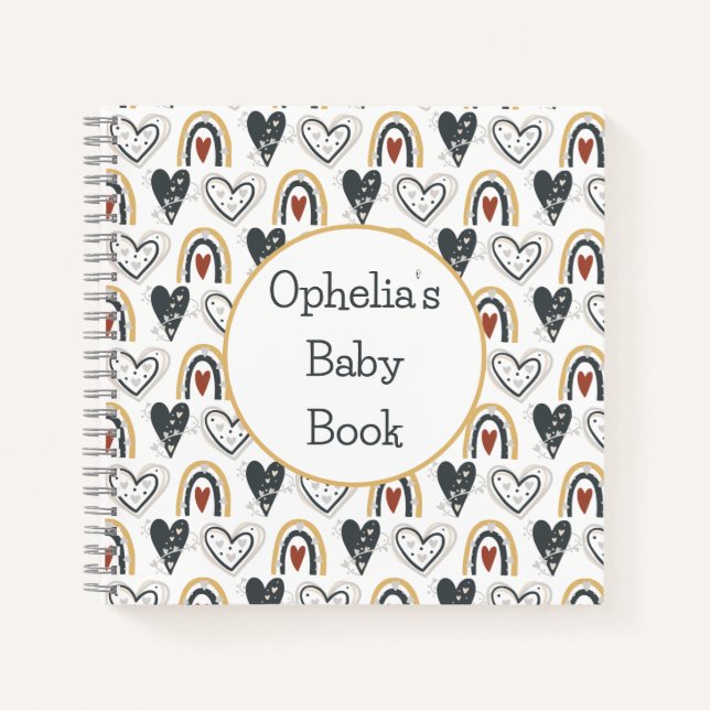 Niedlich Rainbow Hearts Boho Muster Name Baby Book Notizbuch (Vorderseite)