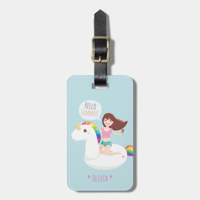 Niedlich Rainbow Unicorn Pool Schwimmbad Personali Gepäckanhänger (Vorderseite vertikal)