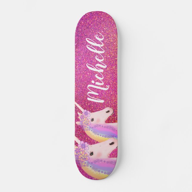 Niedlich Rainbow Unicorns Rosa Glitzer Personalisi Skateboard (Vorderseite)