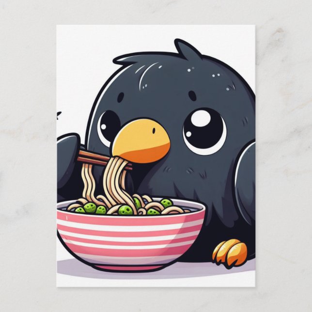 Niedlich Raven Eating Ramen Postkarte (Vorderseite)