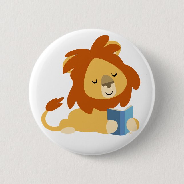 Niedlich Reading Cartoon Lion Button Abzeichen (Vorderseite)