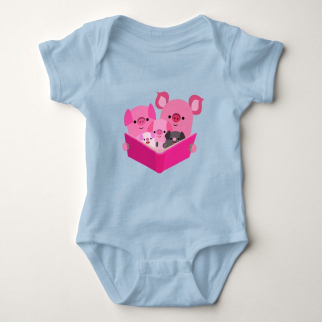 Niedlich Reading Cartoon Pig Family Baby Bodysuit Strampler (Vorderseite)