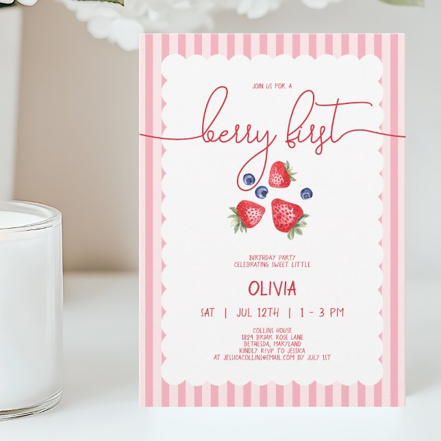 Niedlich Red Baby Girl Berry Erstes Party zum Gebu Einladung (Cute Red Baby Girl Berry First 1st Birthday Party Invitation)