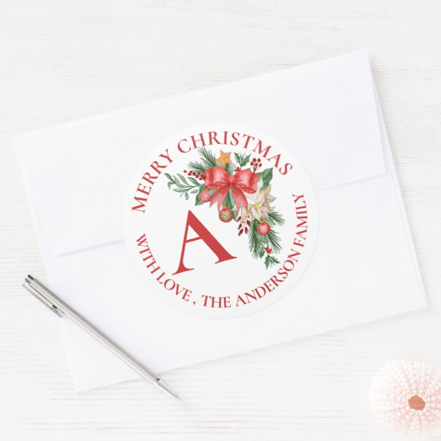Niedlich Red Blume Berries Monogram Frohe Weihnach Runder Aufkleber (Umschlag)