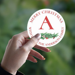 Niedlich Red Blume Berries Monogram Frohe Weihnach Runder Aufkleber