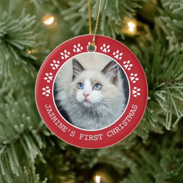 Niedlich Red Cat Paw Prints Foto Weihnachtsrahmen Keramik Ornament (Baum)