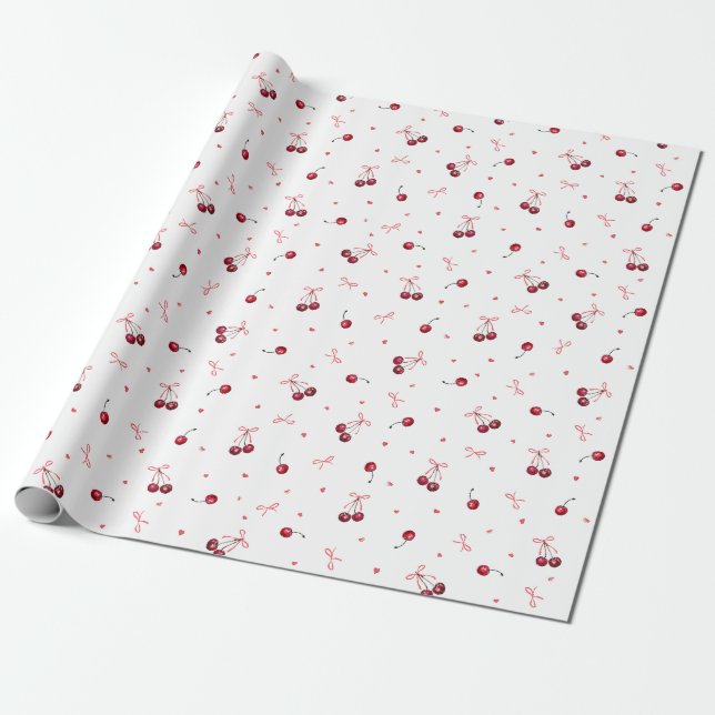 Niedlich Red Cherries Hearts Bows Geschenkpapier (Ungerollt)