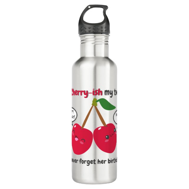 Niedlich Red Cherry Kawaii Twins Birthday Edelstahlflasche (Vorderseite)
