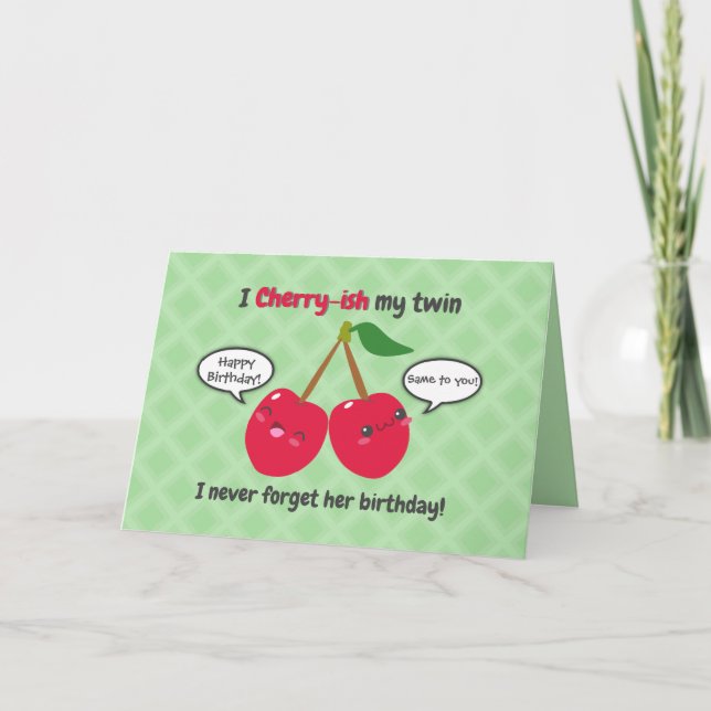 Niedlich Red Cherry Kawaii Twins Birthday Karte (Vorderseite)