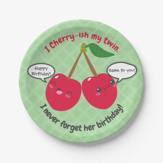 Niedlich Red Cherry Kawaii Twins Birthday Pappteller (Vorderseite)