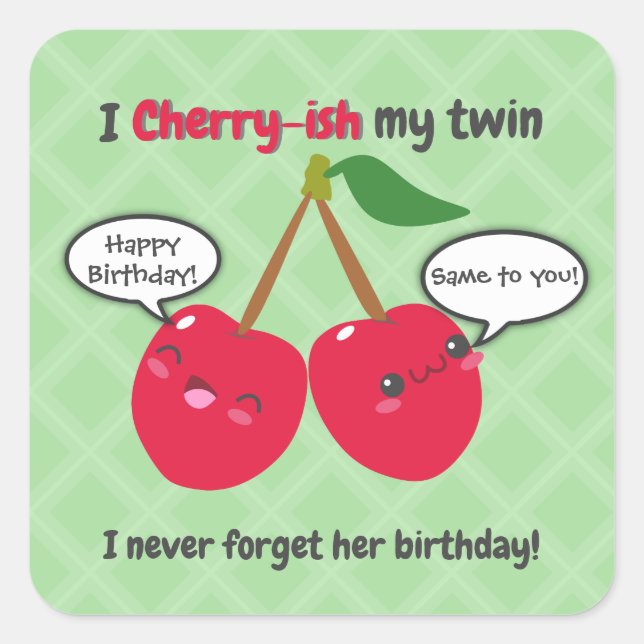 Niedlich Red Cherry Kawaii Twins Birthday Quadratischer Aufkleber (Vorderseite)