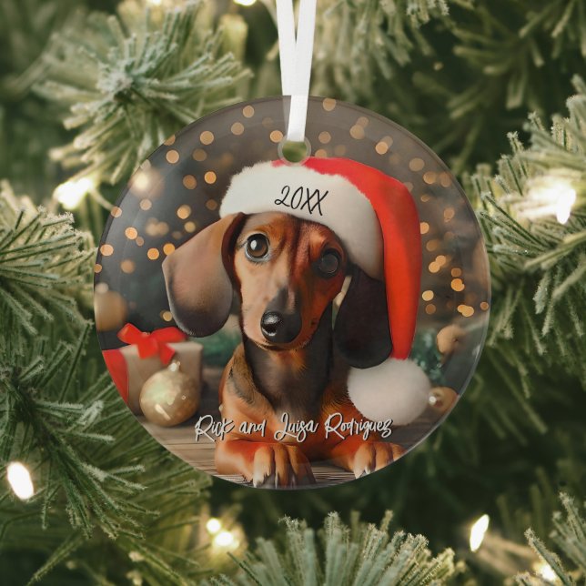 Niedlich Red Dackel Welpe mit Weihnachtsmannmütze Ornament Aus Glas (InSitu)