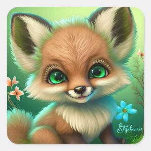 Niedlich Red Fox Orange Blue Blume Quadratischer Aufkleber