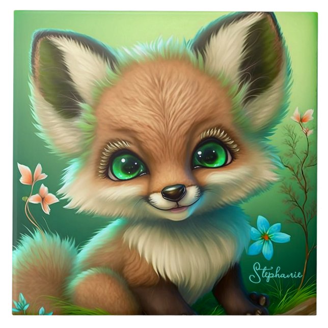 Niedlich Red Fox Orange Blue Blumen Green Fliese (Vorderseite)