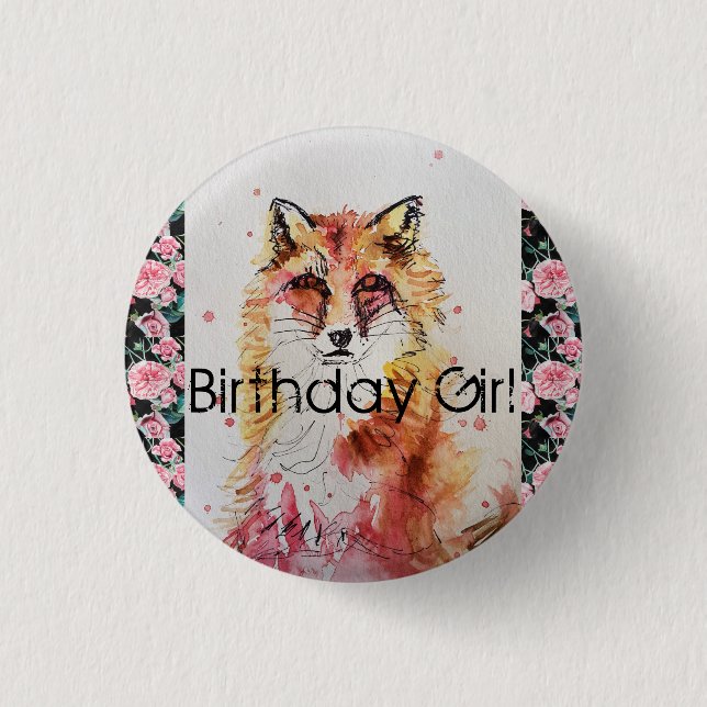 Niedlich Red Fox Wasserfarbe Rosa Girls Damen Button (Vorderseite)