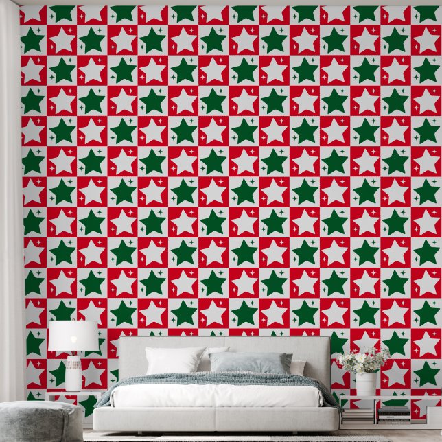 Niedlich Red Green Christmas Stars Pattern Tapete (Schlafzimmer)