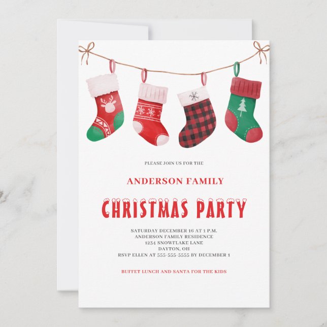 Niedlich Red Green Christmas Strumpf Watercolor Einladung (Vorderseite)