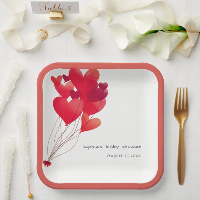 Niedlich Red Heart Balloons Sweetheart Baby Dusche Pappteller (Hochzeit)