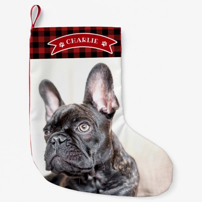 Niedlich Red Kariert Festive Custom Foto Haustier  Kleiner Weihnachtsstrumpf (Vorderseite)