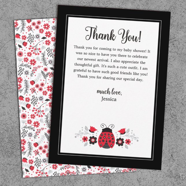 Niedlich Red Ladybug Dankeskarte (A cute ladybug baby shower thank you card featuring a ladybug, and flowers.)