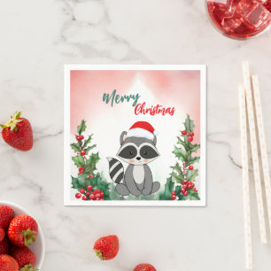 Niedlich Red Merry Christmas Raccoon Weihnachten W Serviette