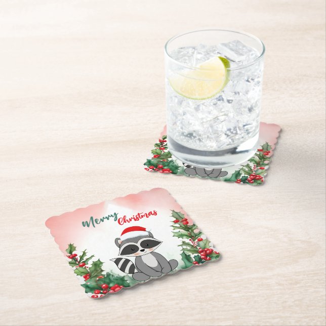 Niedlich Red Merry Christmas Raccoon Weihnachten W Untersetzer (Vor Ort)