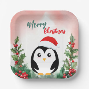 Niedlich Red Merry Weihnachtspenguin Weihnachten P Pappteller