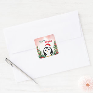 Niedlich Red Merry Weihnachtspenguin Weihnachten P Quadratischer Aufkleber