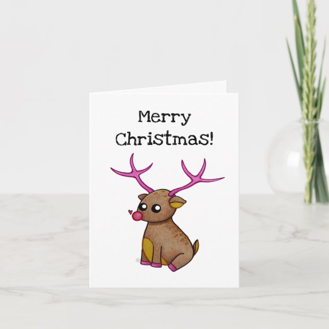 Niedlich Red Nosed Reindeer - Frohe Weihnachten Karte (Vorderseite)