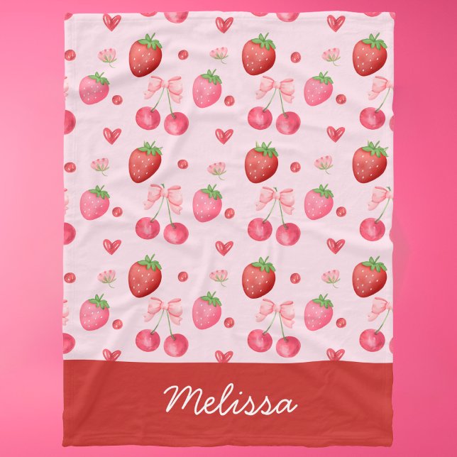 Niedlich Red Pink Coquette Strawberry Cherry Fleecedecke (Von Creator hochgeladen)