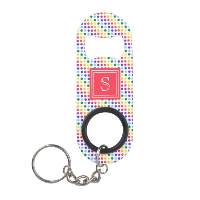 Niedlich Red Rainbow Polka Dots Monnogram Mini Flaschenöffner (Vorderseite)