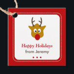 Niedlich Red Rudolph the Reindeer Christmas Gesche Geschenkanhänger<br><div class="desc">Dieses bezaubernde quadratische Tag zeigt einen handgezeichneten Rudolph,  den Rot-Nasenrenner,  umgeben von einem passenden,  leuchtend roten und weißen Diamantenrand. Ihr personalisierter Text,  in einer Kombination aus rotem Skript und dunkelbraunem Blockstil,  beendet dieses Design. Diese sind perfekt,  um Ihre Geschenkverpackung zu akzentuieren.</div>