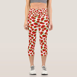 Niedlich Red Strawberry Green Blätter Fruchtmuster Capri Leggings