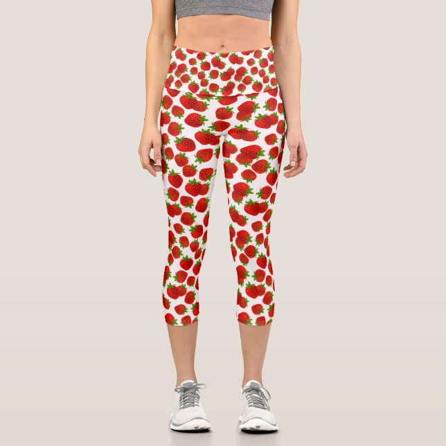 Niedlich Red Strawberry Green Blätter Fruchtmuster Capri Leggings (Vorderseite)