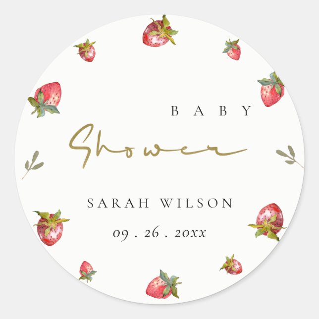 Niedlich Red Strawberry Leafy Botanical Baby Dusch Runder Aufkleber (Vorderseite)