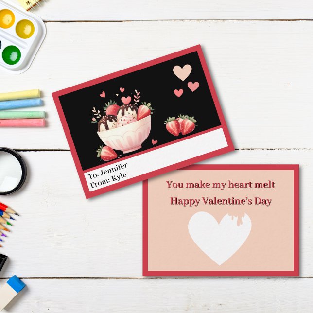 Niedlich Red Strawberry Sundae Classroom Valentine Mitteilungskarte (Strawberry Sundae Valentine Card)