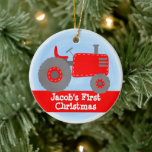 Niedlich Red Tractor Baby's First Christmas Waterc Keramik Ornament<br><div class="desc">Dieses Design zeichnet sich durch unseren niedlichen, roten Aquarelltraktor auf blauem Aquarellhintergrund aus. Klicken Sie auf die Schaltfläche Anpassen, um den Text flexibler zu gestalten! Variationen dieses Designs, zusätzliche Farben sowie koordinierende Produkte sind in unserem Shop, zazzle.com/store/doodlelulu verfügbar. Kontaktieren Sie uns, wenn Sie dieses Design für ein bestimmtes Produkt verwenden...</div>