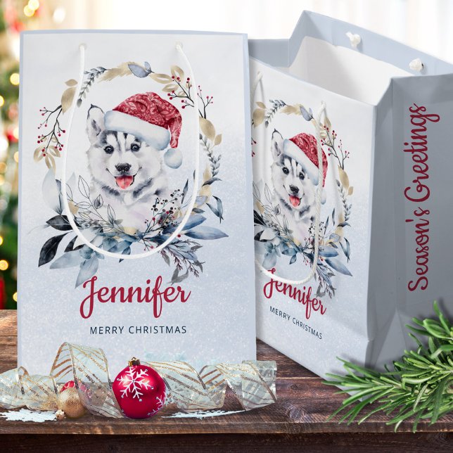 Niedlich Red Weihnachtsmannmütze Husky Dog Weihnac Mittlere Geschenktüte (Von Creator hochgeladen)