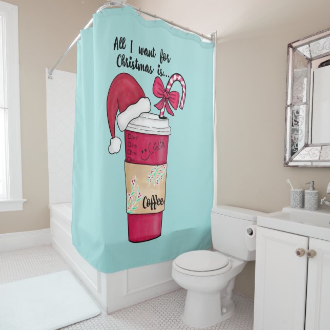 Niedlich Red Weihnachtsmannmütze Kaffee Candy Cane Duschvorhang (Beispiel)